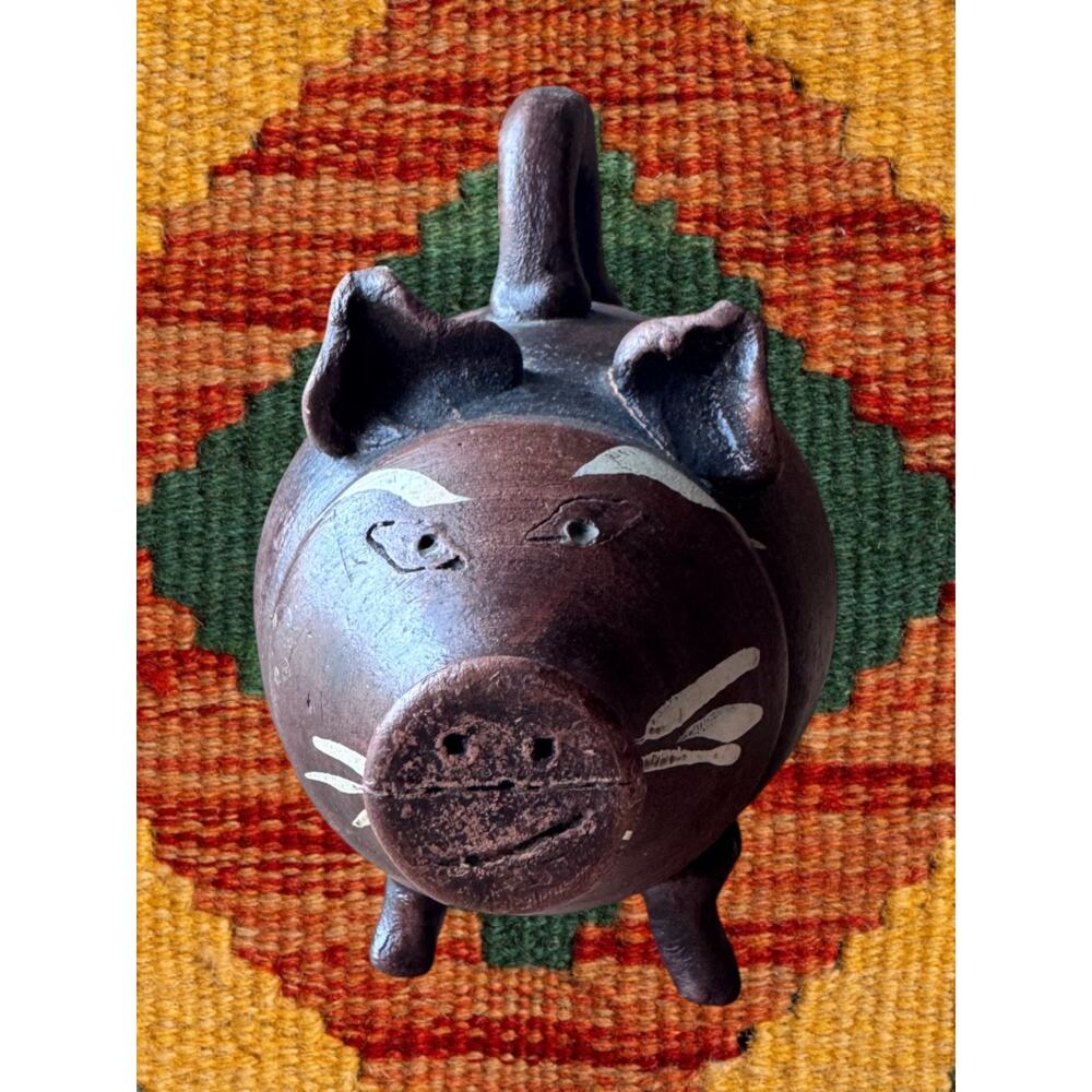 Vintage Mexican Folk Art Terracotta Piggy Bank with Handle 5” Brown Pottery - Picture 2 of 8